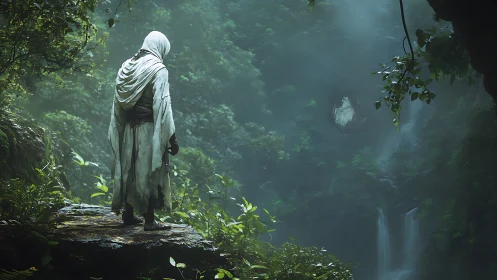 Cloaked wanderer overlooking misty jungle waterfall gorge.