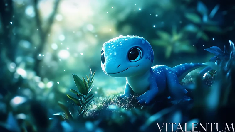 Cute blue baby lizard character in glowing forest scene.