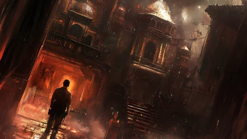 Digital painting of lone figure before burning citadel at night.