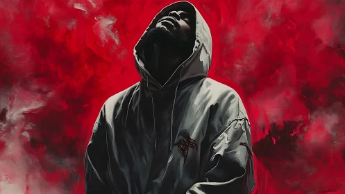 Hooded figure in gray jacket against intense red backdrop.
