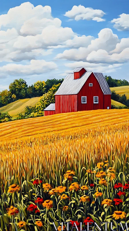 Red barn stands in golden wheat field under bright sky