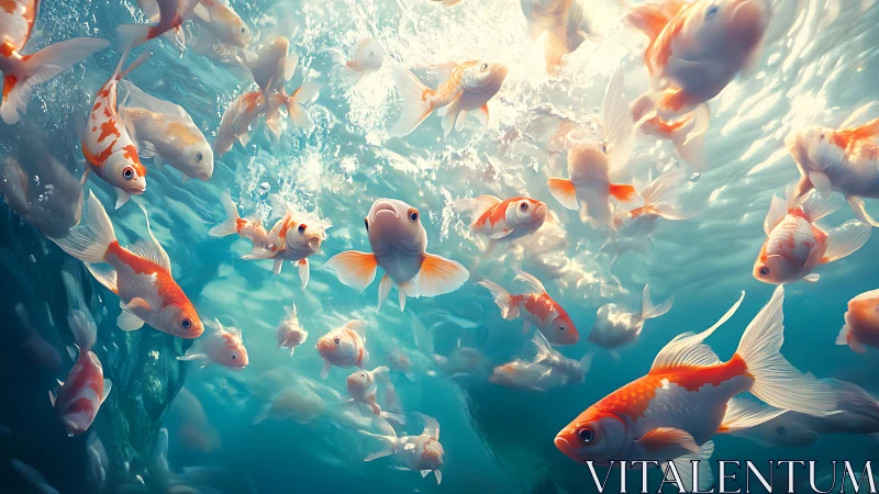 Radiant koi swirling through sunlit turquoise waters.