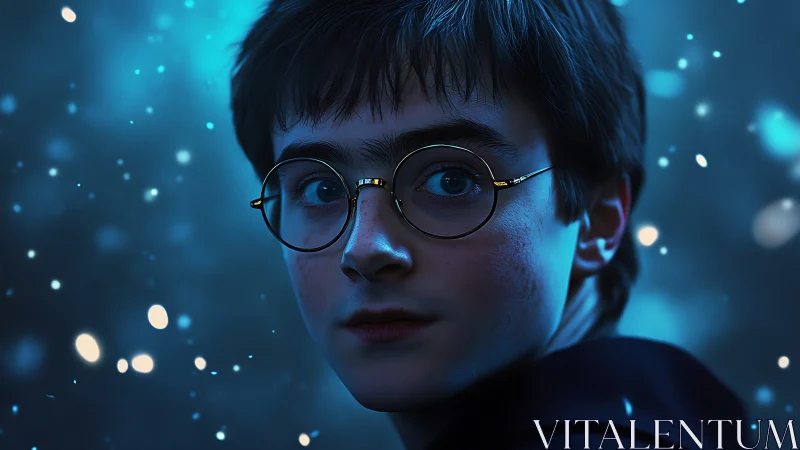 Spellbound boy in round glasses among drifting blue embers.