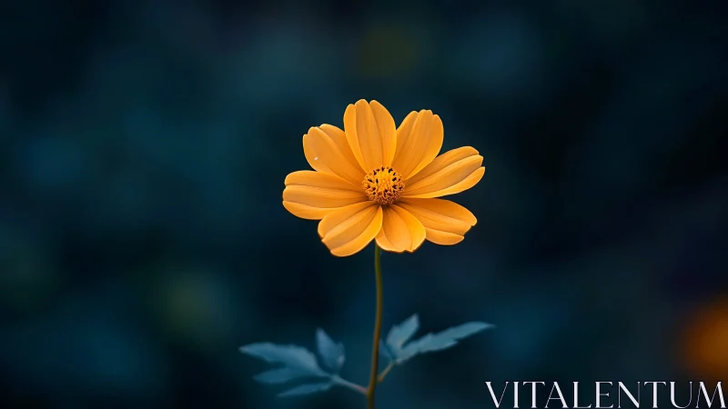 Golden Cosmos Flower Against Teal Bokeh Background.