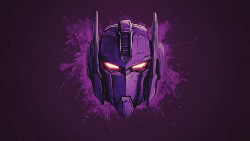 Robotic helmet front view appears against dark violet field