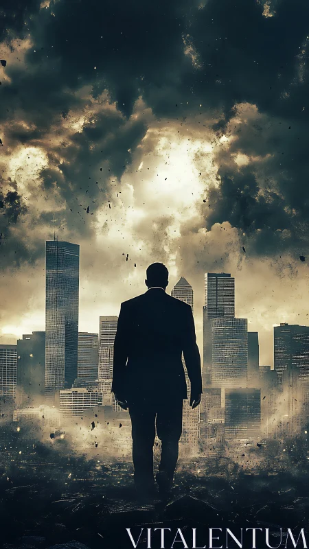 Stormy city skyline welcomes a lone figure into uncertain light