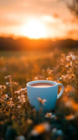Warm sunrise coffee rests quietly in a wildflower meadow
