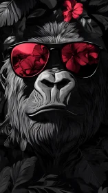 Monochrome gorilla portrait with red reflective sunglasses.