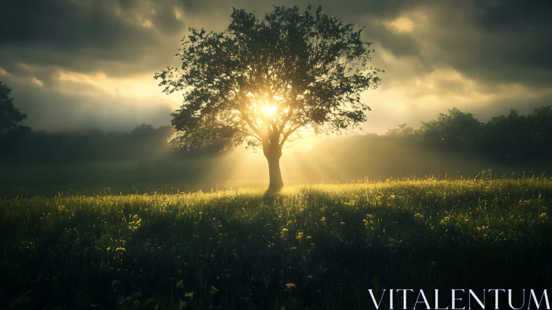 Lone Tree in Sunlit Meadow at Sunrise, Atmospheric Landscape.