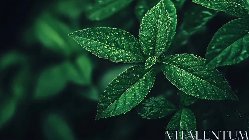 Macro leaf rosette with dewdrops in dramatic low-key lighting.