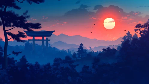 Torii gate stands above layered forest under red sun