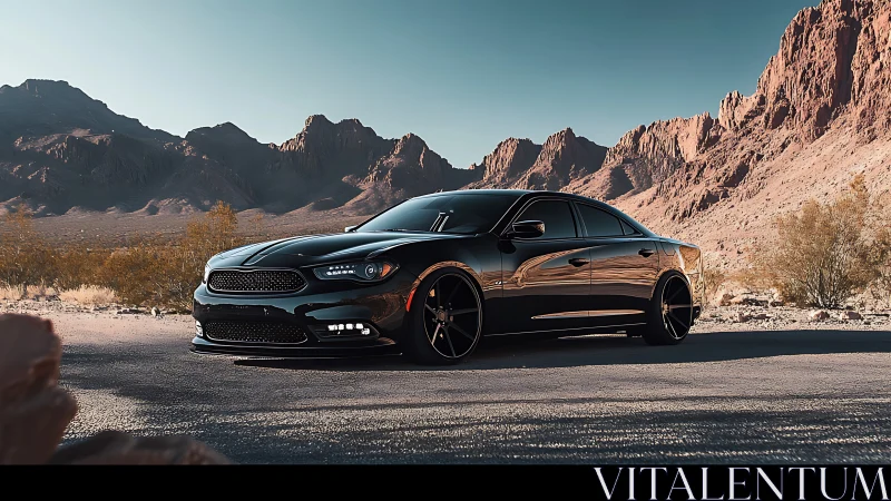 Black sedan on desert road with arid mountain backdrop.