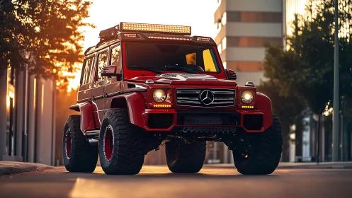 Lifted Mercedes G-Class off-road build under warm urban sunset