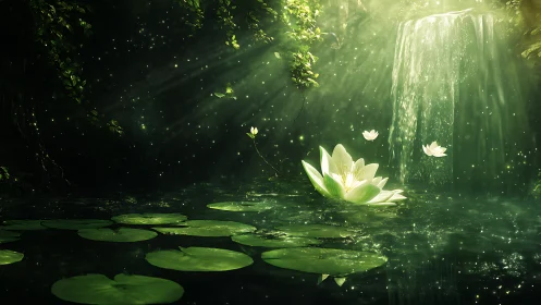 Enchanted pond with glowing lilies under soft waterfall light.