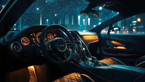 Luxury sports car cockpit at night with city lights.