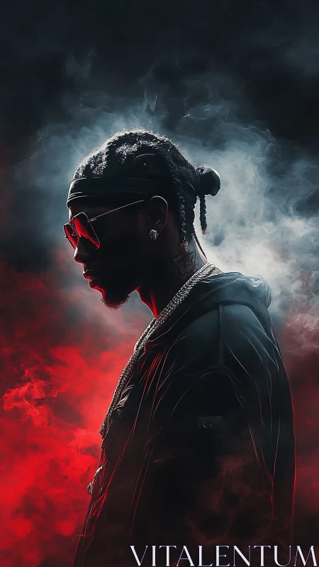 Cool streetwise silhouette glowing in red and smoke.