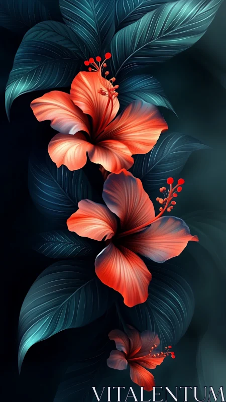Hibiscus Blossoms on Dark Teal Foliage. Vibrant Floral Digital Art.