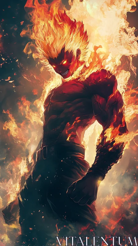 Infernal humanoid warrior emerging through kinetic flame.