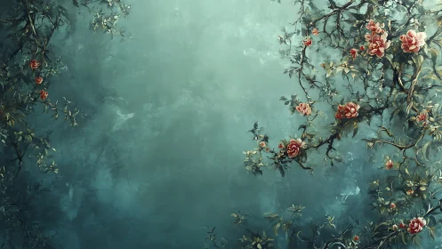 Floral branches framing misty teal negative space canvas.