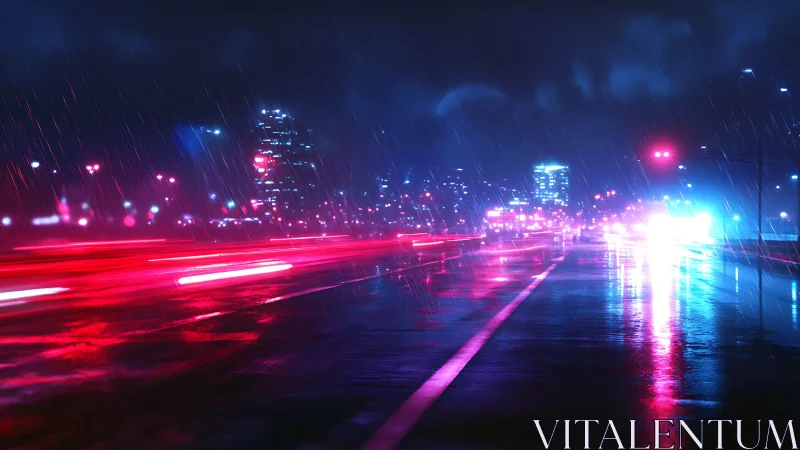 Neon-lit rainy highway captures motion trails and wet-specular glow