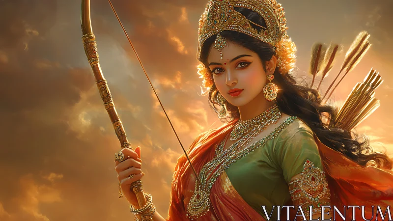 Ornate archer figure in traditional attire at sunset.