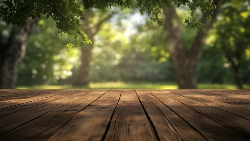 Sunlit wooden terrace with blurred green garden backdrop.