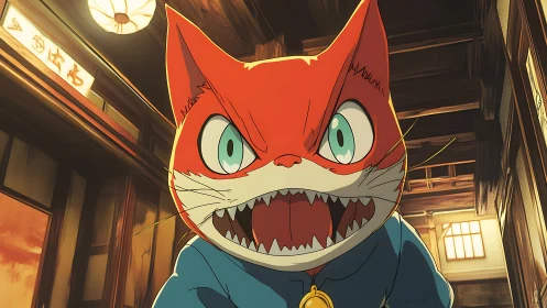 Snarling alleyway cat lunges through lantern-lit wooden corridor