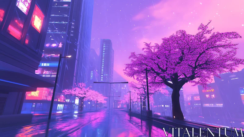 Cyberpunk city street under neon cherry blossom rain.