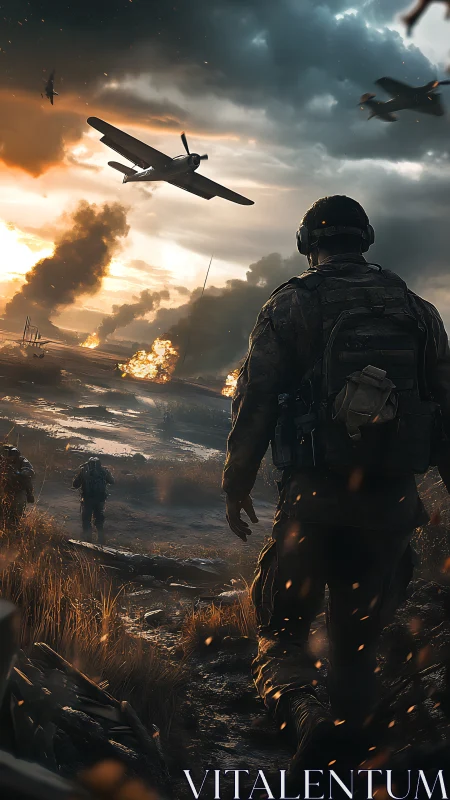 Soldiers advance across burning battlefield at sunset.