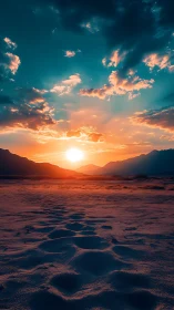 Vivid desert sunset over distant mountain silhouettes.
