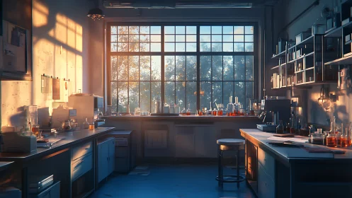 Morning chemistry quietly brews under honeyed laboratory light