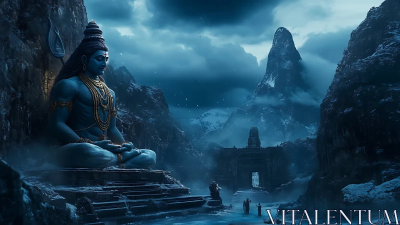 Moonlit Himalayan deity watches over frozen temple valley.