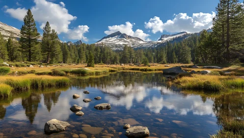 Mountain lake reflects conifers, clouds and distant ridgeline