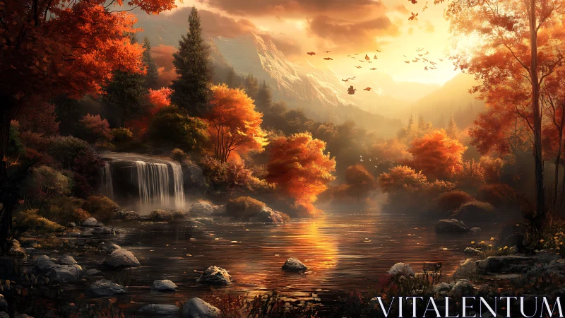 Sunlit autumn valley with waterfall and reflective river basin