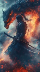 Flamebound samurai walking beside a roaring fire dragon.