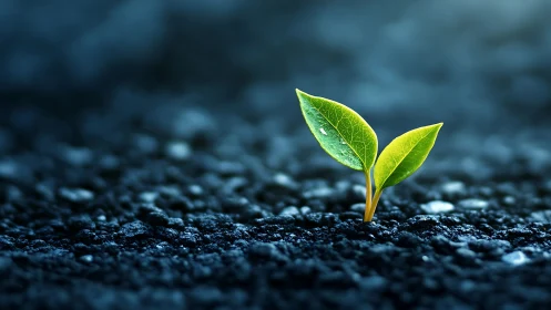 Tiny green sprout glowing with hope on dark gravel ground.