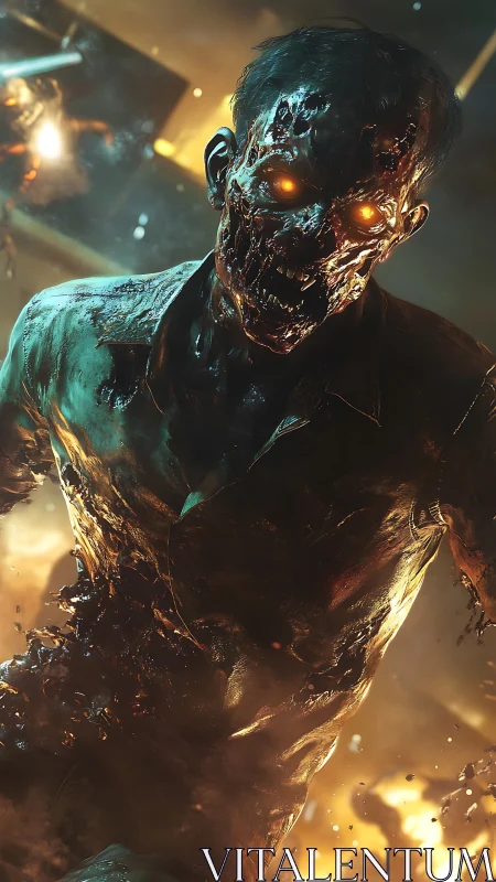 Burning zombie strides through chaotic inferno-lit corridor