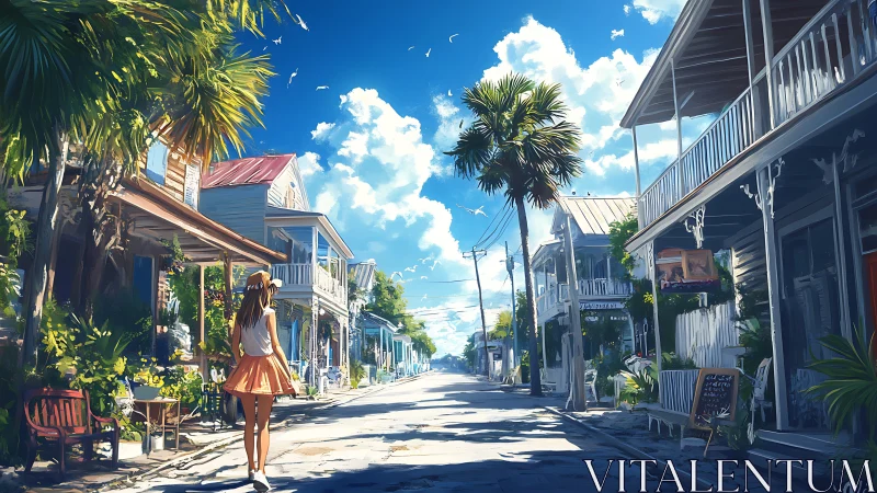 Girl walking through sunny tropical small town street scene.