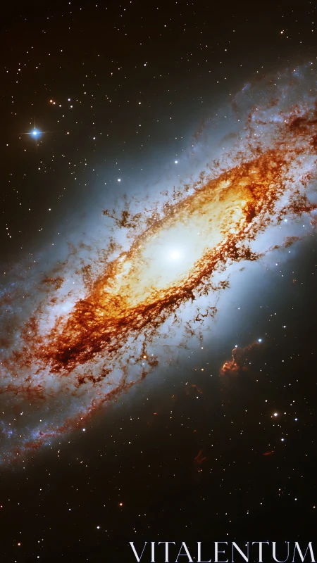 Photorealistic barred galaxy with luminous dust core focus.