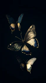 Luminous blue butterflies in dark minimal composition.