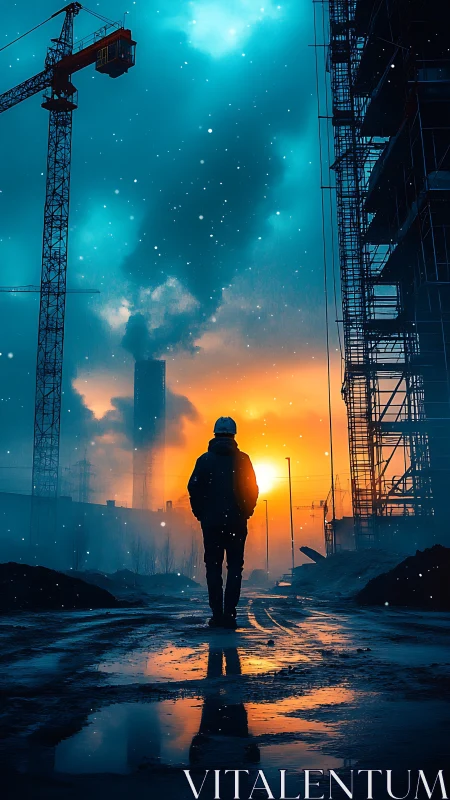 Lone figure walks through neon dusk on a silent construction site