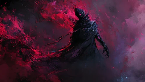 Shifting shadow spirit rises through swirling crimson storm