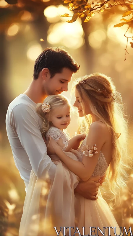 Family portrait in golden hour light with child.