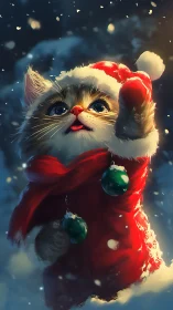 Snow-dancing Santa kitten reaches for the falling winter glow