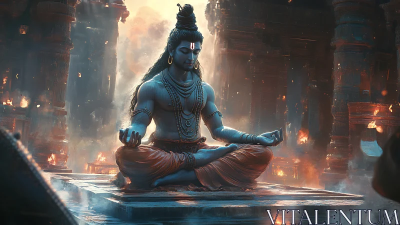 Serene blue yogi meditates calmly amid glowing embers