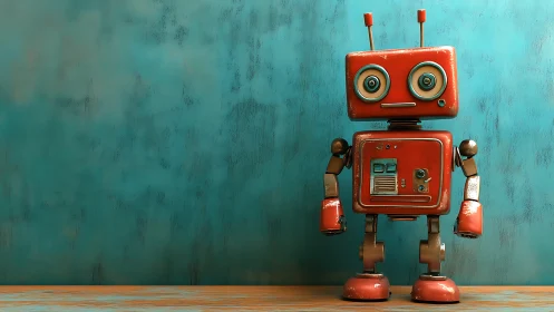 Retro red robot stands against textured teal wall.