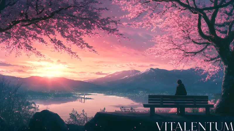 Twilight cherry blossoms cradle a lone dreamer by the lake