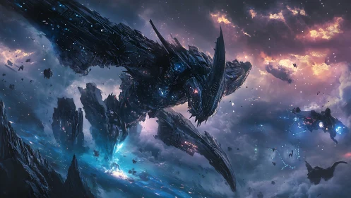 Colossal alien warship over fractured exoplanet horizon.