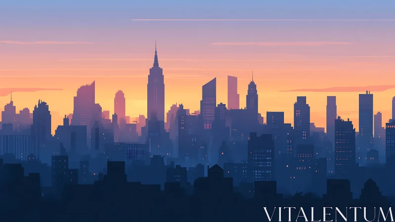 Urban skyline silhouette under gradient sunrise sky.