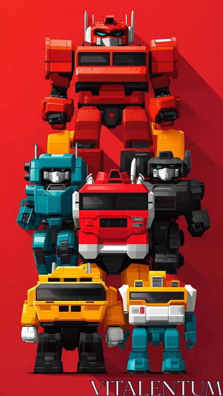 Stacked retro robot lineup on vivid red background.